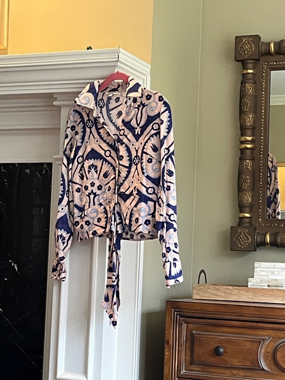 Blue and Blush Line Blend Tie-Front Long Sleeve Button Blouse - Picture 2 of 6